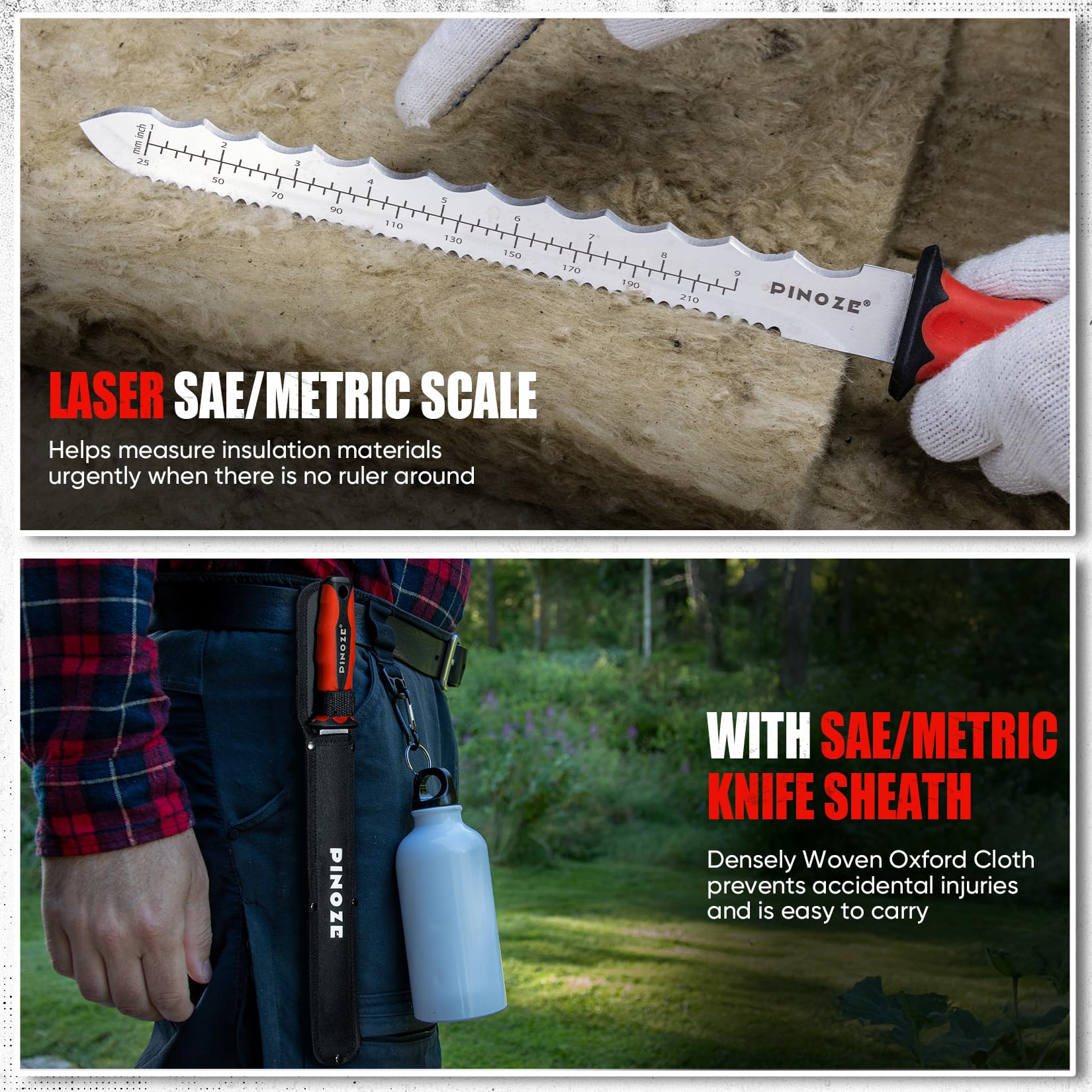 PINOZE 28cm Dämmstoffmesser, Edelstahl Klinge Isoliermesser w/Laserskala, Doppelseitige gezähnte Messer Werkzeug zum Schneiden von Wärmematerial Schaum/Steinwolle/Styrofoam, Garten Sod Cutter 6