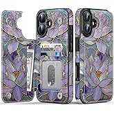 FUNMIKO for iPhone 16 Wallet Case with Card Holder, RFID-Blocking, Military-Grade Protection & UV-Printed Artwork, Magnetic Closure with Leather Kickstand - Dreamy Lotus