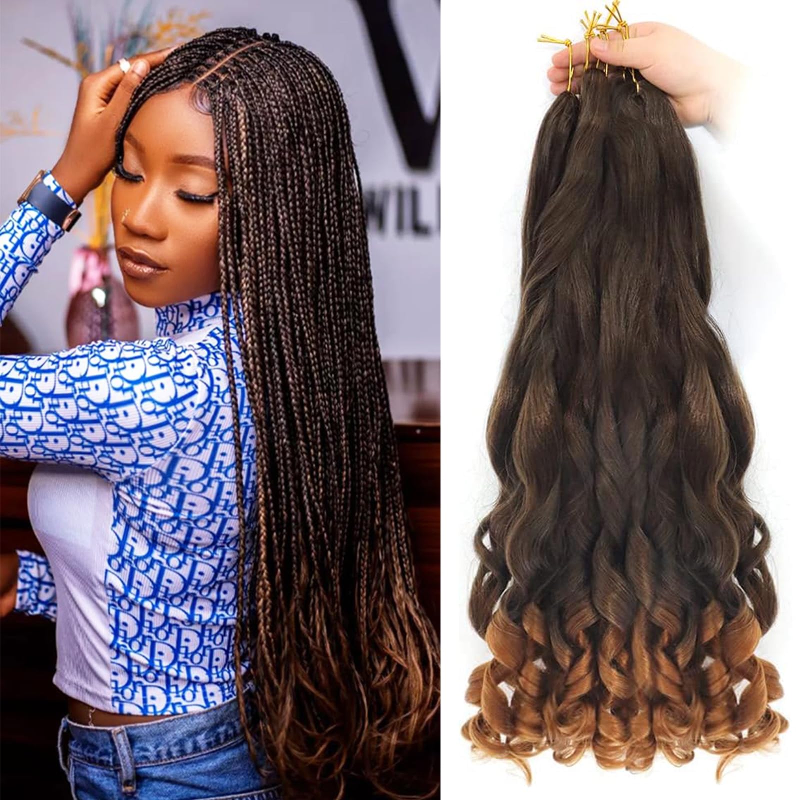 Alaleibaby 22 inch French Curly Braiding Hair 3 Pack Loose Wavy Spiral Curl Braids Crochet Hair Deep Wave Synthetic Extensions Pre Stretched Bouncy Braiding Hair
