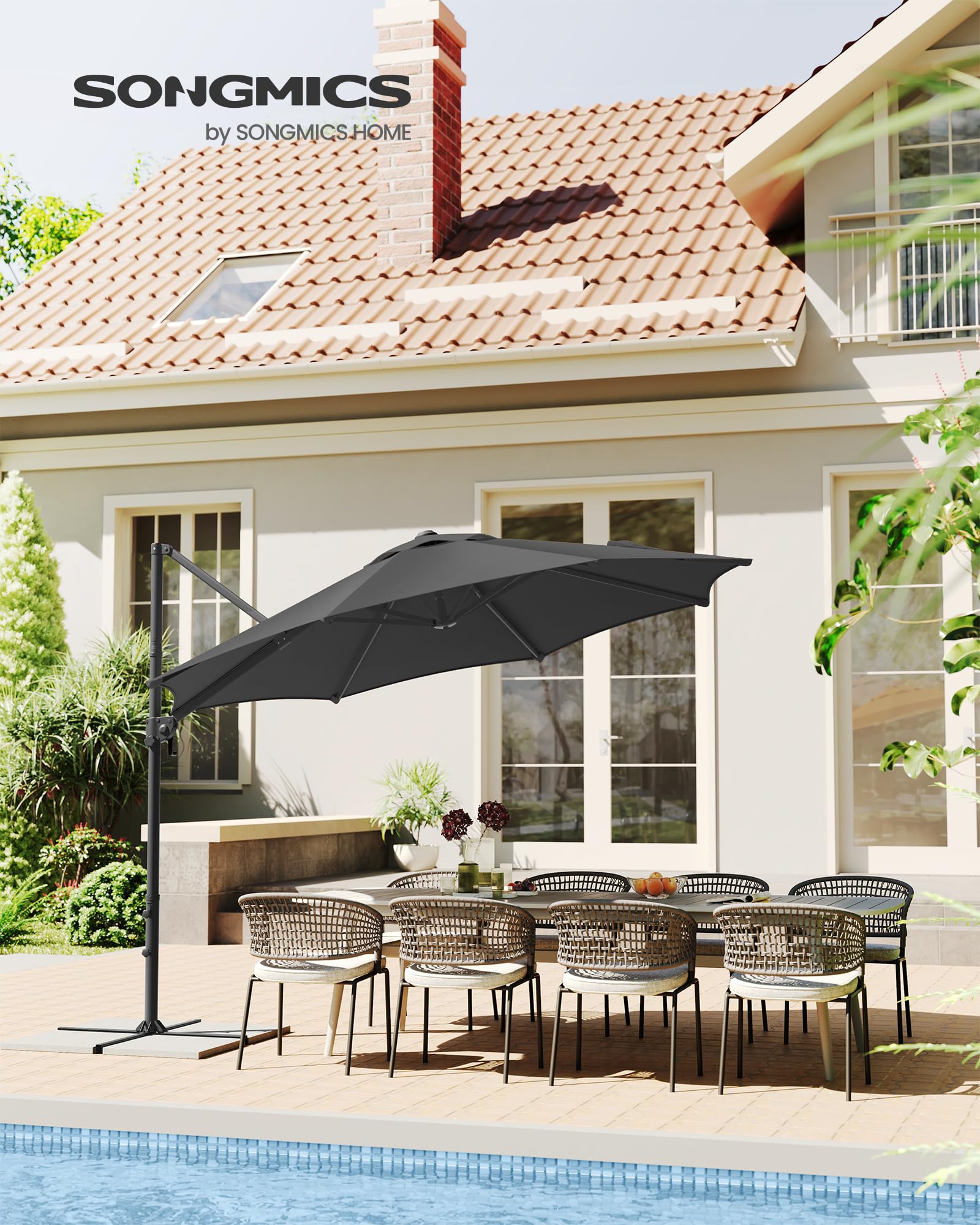 SONGMICS Sonnenschirm, Ampelschirm, 300 cm, UPF 50+, Gartenschirm, um 360° drehbar, Neigungswinkel stufenlos verstellbar, mit Kurbel, Kreuzfuß, grau GPU074G02 2
