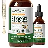 2 Pack Organic Vitamin D3 K2 Liquid 10000 IU w/ Vegan Omega-3 & Coconut MCT Oil - Maximum Strength Vitamin D Supplement, No Fillers, Non-GMO K2 as MK7 for Bones, Muscles & High Absorption-2 Fl Oz