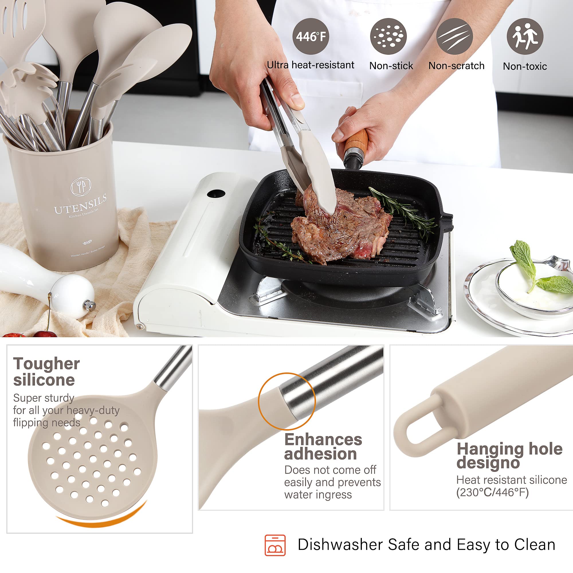 Silicone Cooking Utensils Set, 28 Pcs Kitchen Utensils Set for cooking, 446°F Heat Resistant Spatula Set, Food Grade Silicone and Stainless Steel Handle Kitchen Gadgets for Nonstick Cookware BPA Free