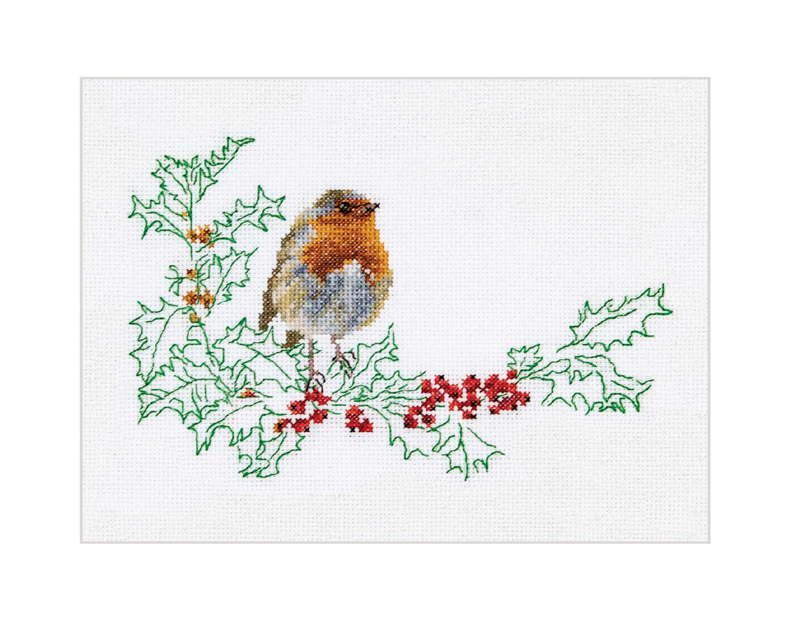 Thea Gouverneur - Counted Cross Stitch Kit - Winter Robin Bird - Linen - 32 Count - Embroidery Kit for Adults - DMC Embroidery Threads and Other Cross Stitch Supplies Included - 790