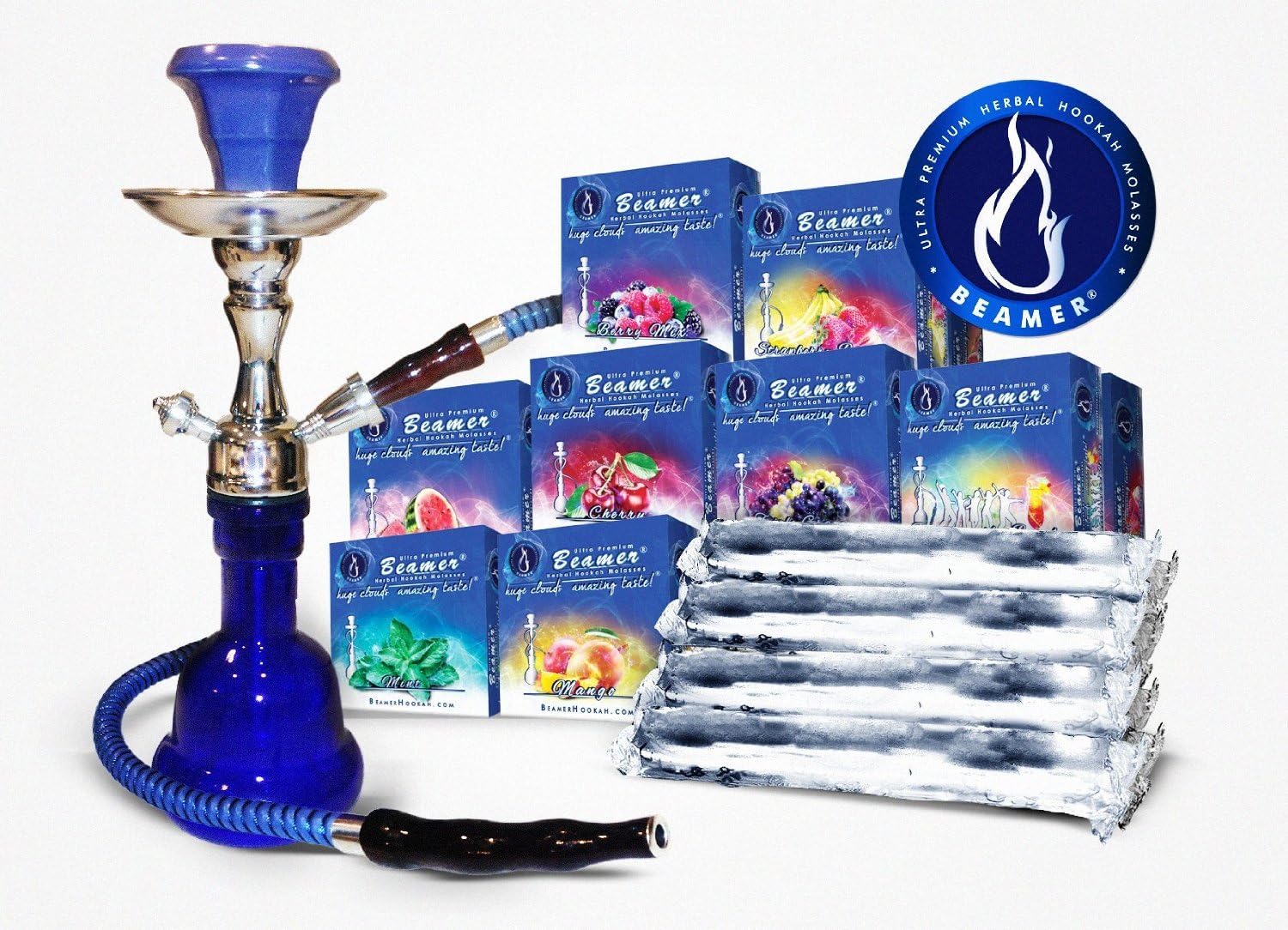 Ultra Premium 11" Blue Hookah, 1 Box of Beamer Ultra Premium Hookah Molasses Flavor, Beamer Card and Accessories