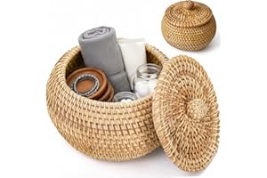 Wicker Basket with Lid, Round Small Wicker Basket, Multi-Purpose Rattan Bowl Decorative Organizer for Shelf, Home, Bathroom D