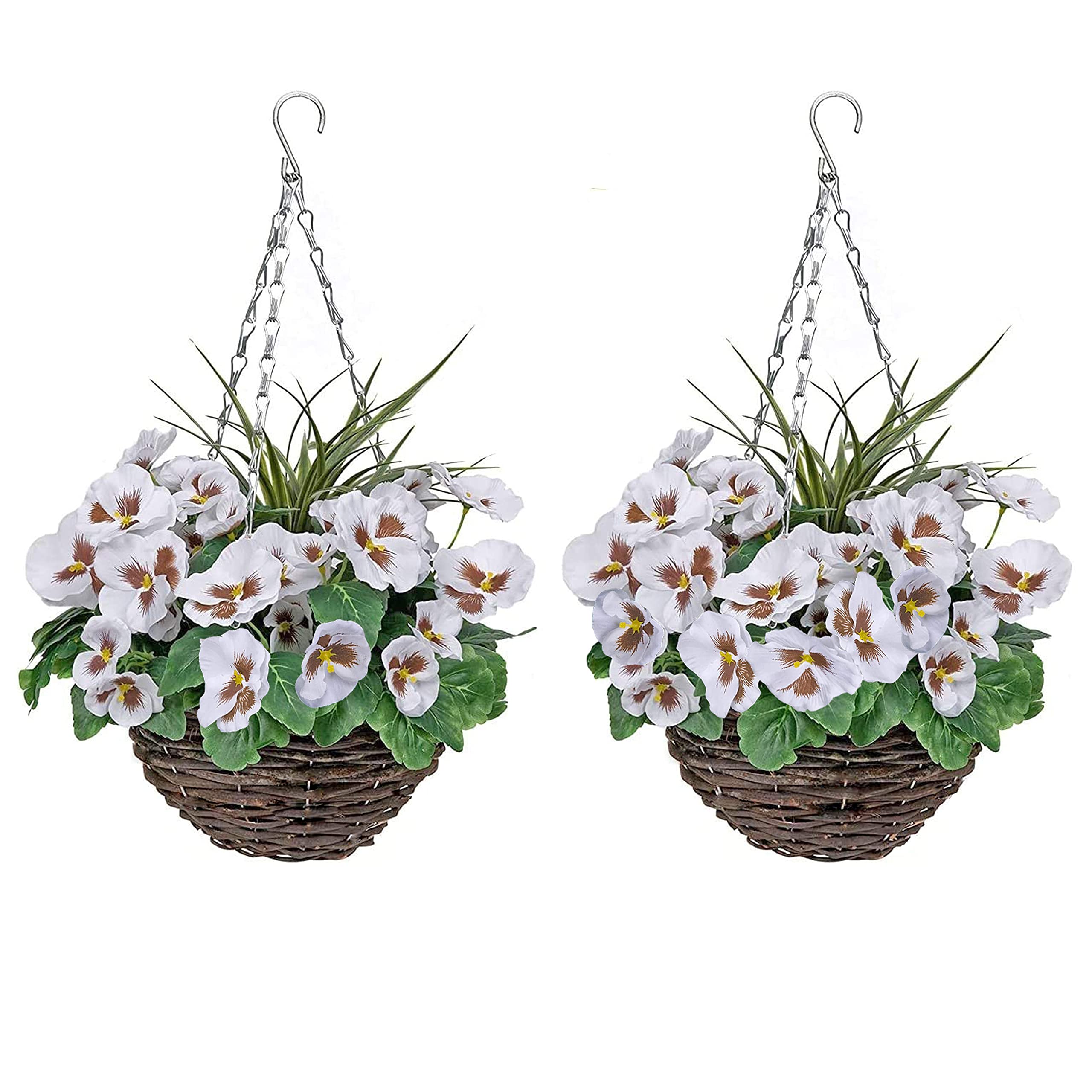2 x Hanging Baskets with White Flowers and Decorative Grasses (Set of 2)