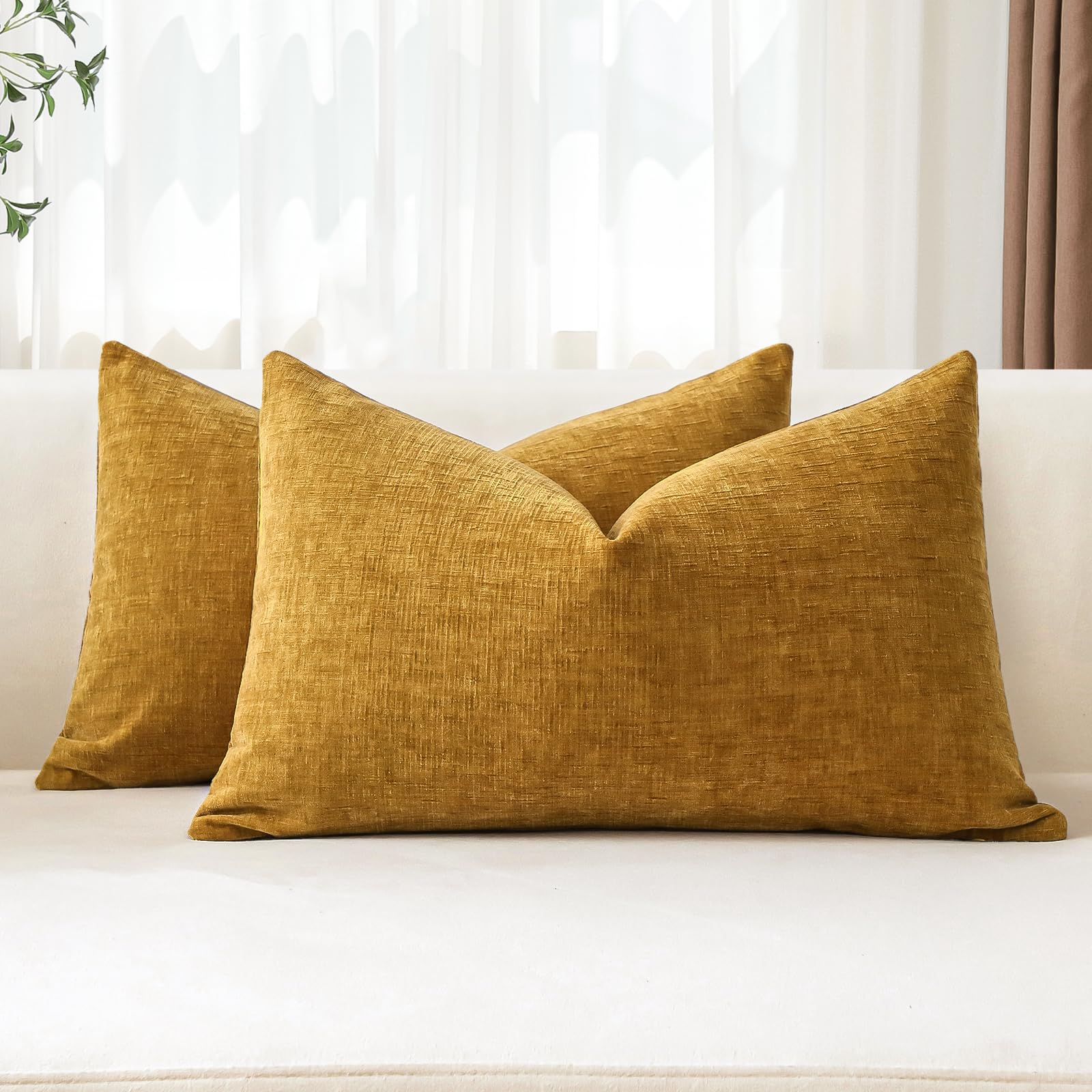 JOTOM Set of 2 Cushion Covers 30x50 cm Soft Chenille Gold Yellow Decorative Throw Pillow Covers 12x20 Inch Lumbar Cushion Case Solid Pillowcases for Couch Sofa Living Room Bed Home Decor (Gold Yellow)