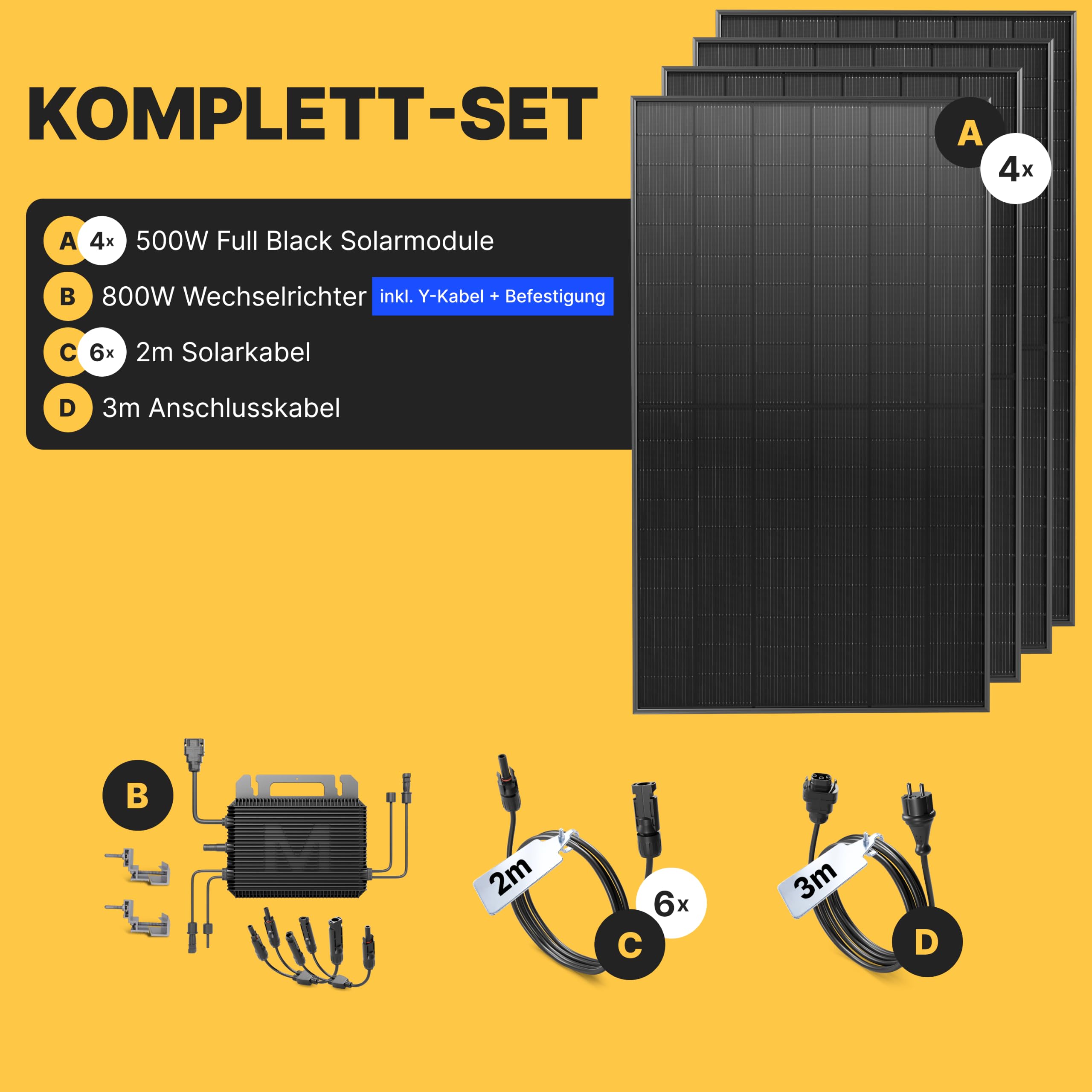 Solakon Balkonkraftwerk 2000W komplett Steckdose - Balkonkraftwerk 2000 Watt neuester Wechselrichter 800W - Solaranlage Komplettset mit 4x500W Solarpanel/Solar Panels mit 3m Kabel 4
