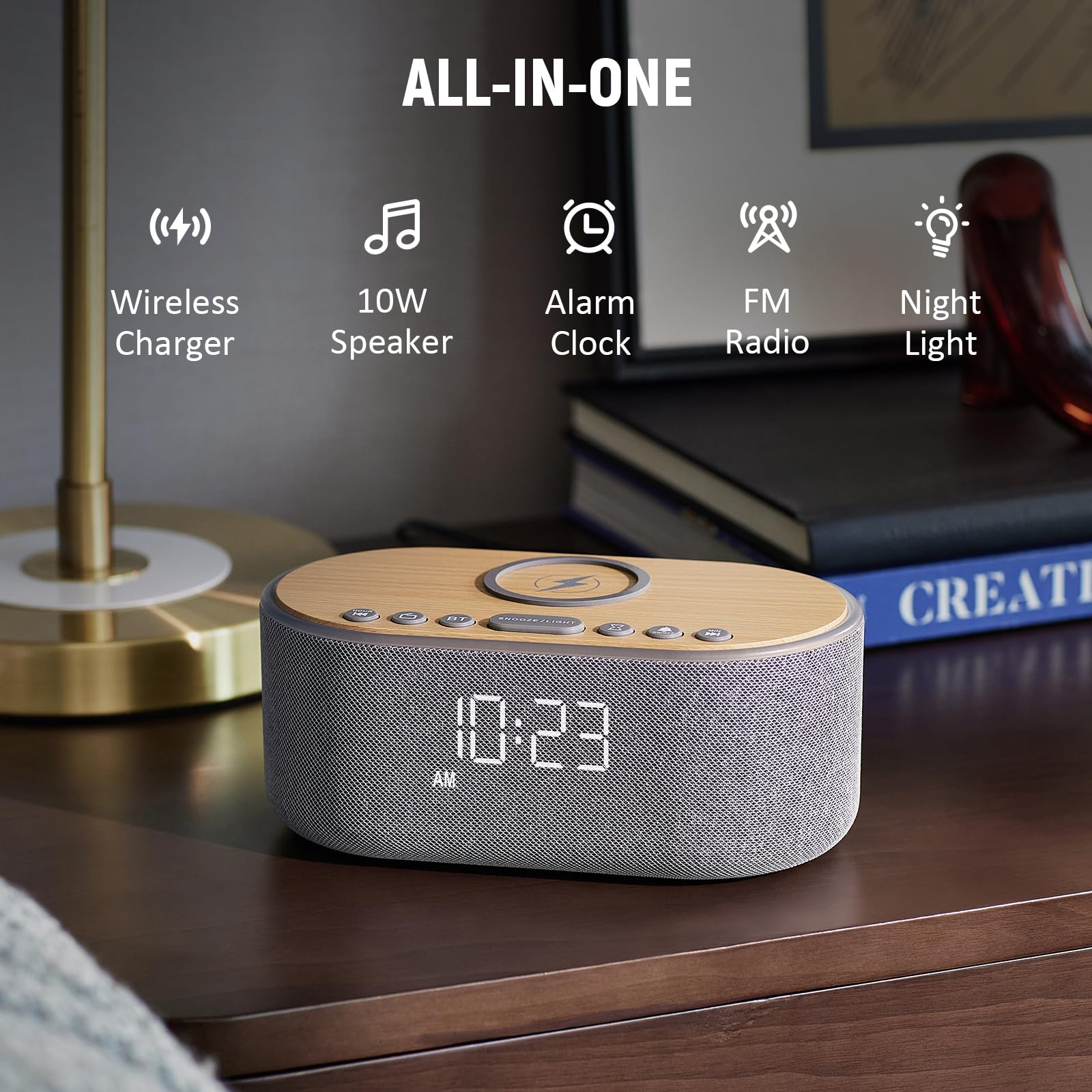 uscce Alarm Clock Bluetooth FM Radio: 10W Stereo Sound Speaker - Fast Wireless Charging for iPhone Samsung - Dimmable Clock Radio for Bedroom