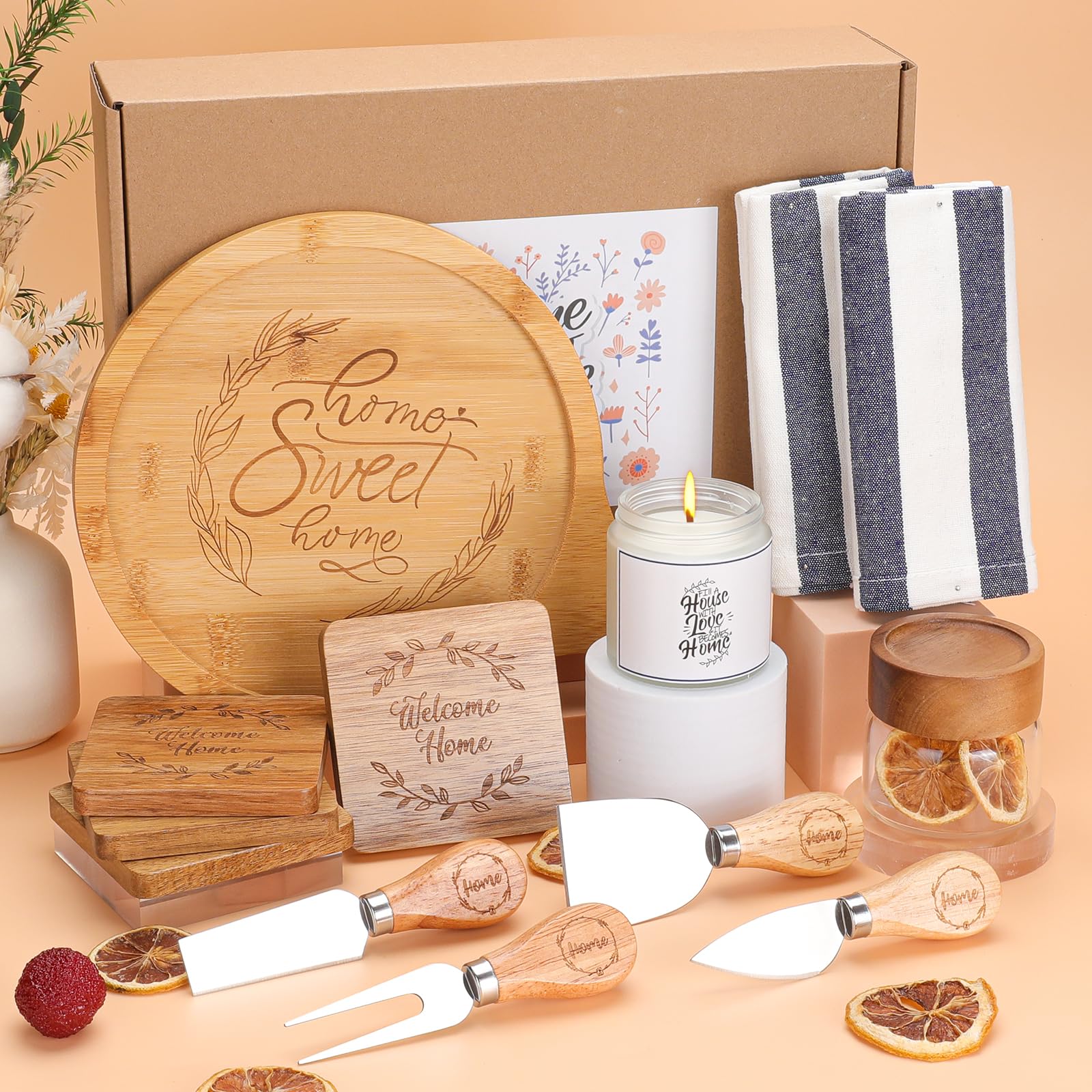 Housewarming Gifts for New Home – Realtors Closing Gifts for Home Buyers,Housewarming Gift Baskets, Bamboo Serving Board Coasters for Couple Women Men