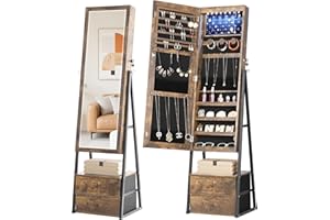 Nicetree Jewelry Cabinet Armoire with 2 Drawers, Lockable Standing Jewelry Mirror Cabinet, Full Length Mirror with Jewelry Storage, Jewelry Organizer with Light, Rustic Brown