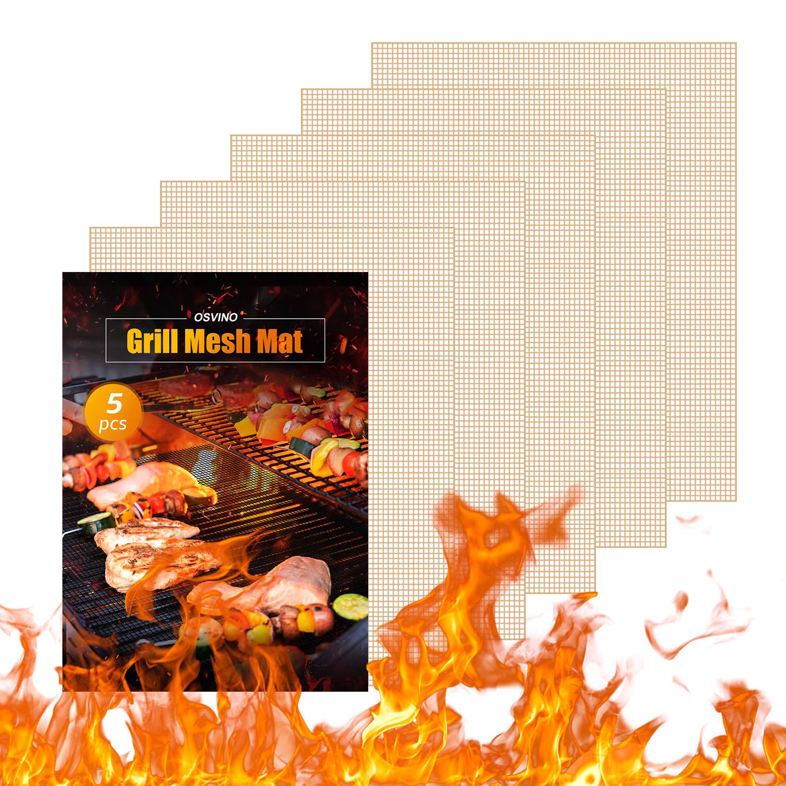 OSVINO Beige BBQ Grill Mesh Mat 5 Pack Non-Stick Reusable Grill Mats 40x30cm Outdoor Barbecue Baking Accessories Works on Gas Charcoal Electric Grill for Grilling Meat, Fish, Steak, Vegetables
