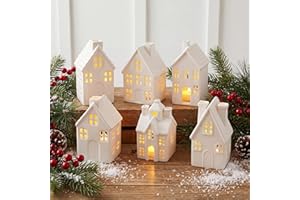 Leinuosen Set of 6 White Ceramic Christmas Village Houses Tabletop 5.1" Small Porcelain Winter Town Figurines for Farmhouse Rustic Xmas Tree Ornaments Holiday Centerpiece Mantel Shelf Decorations