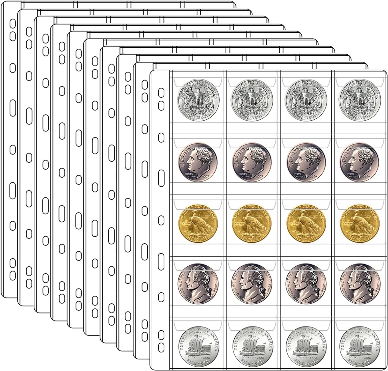 10 Sheets Coin Collection Pages, Coins Pocket Page with 200 Pockets, Coin Binder Inserts Sleeves with Standard 9 Hole for Coin Album (20-Pocket)