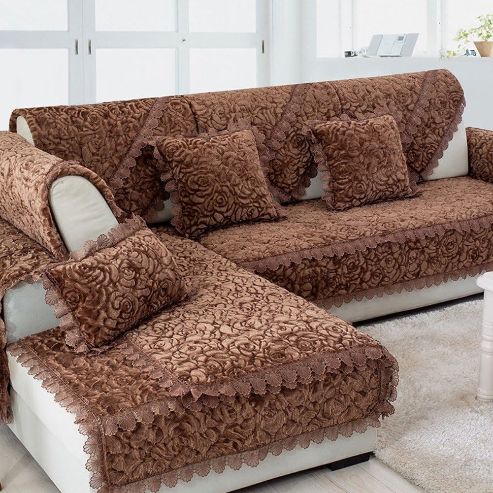 YYL European style Lace plush Sofa cushions, Anti-skidding Cushion autumn and winter Thicken Sofa slipcover Sofa towel-D 110x210cm(43x83inch)