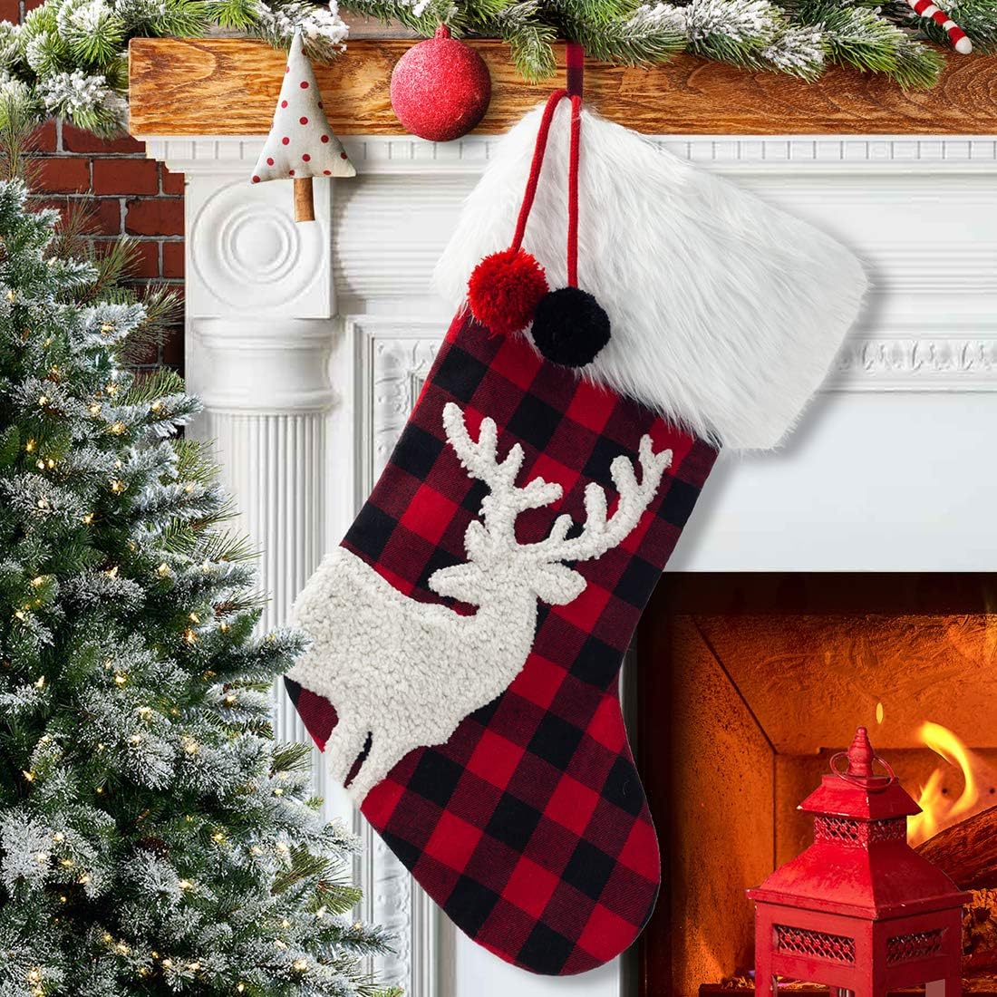 Stockings & Holders - EDLDECCO 20 Inches Christmas Stocking Buffalo Check with Pom Pom Faux Fur Cuff Deer Applique Red and Black Plaid Home Xmas Tree Mantel Holiday Decoration Ornaments