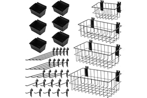AOKLIT 35 Pcs Slatwall Accessories - 4 Black Metal Baskets, 6 Storage Bins, and 25 Multi-Size Hooks，Affordable Price, Strong 