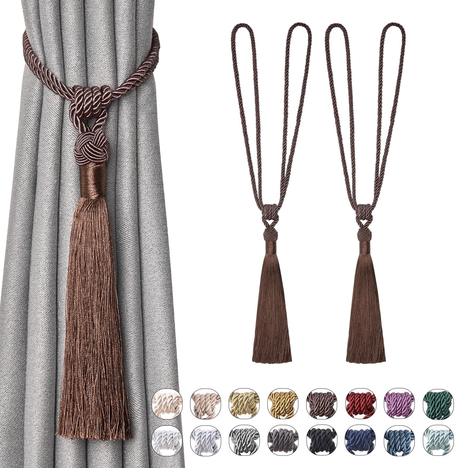 Pretty Jolly 2 Pack Long Tassel Curtain Tiebacks Handmade Braided Rope Knot Drape Tie Backs European Style Decorative Curtain Holdbacks for Home & Office Window Drapery (Deep Coffee) โ image 1