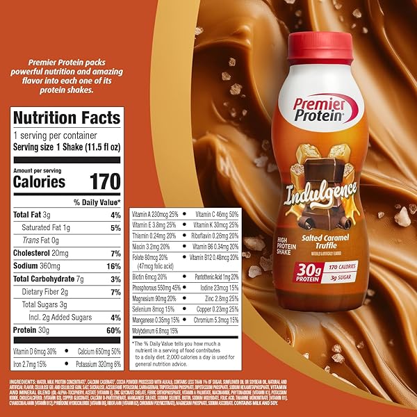 PREMIER PROTEIN SHAKE INDULGENCE, SALTED CARAMEL TRUFFLE, 30G PROTEIN, 170 CALORIES, 3G SUGAR, 11.5 FL OZ, 12 PACK (PACKAGING MAY VARY)