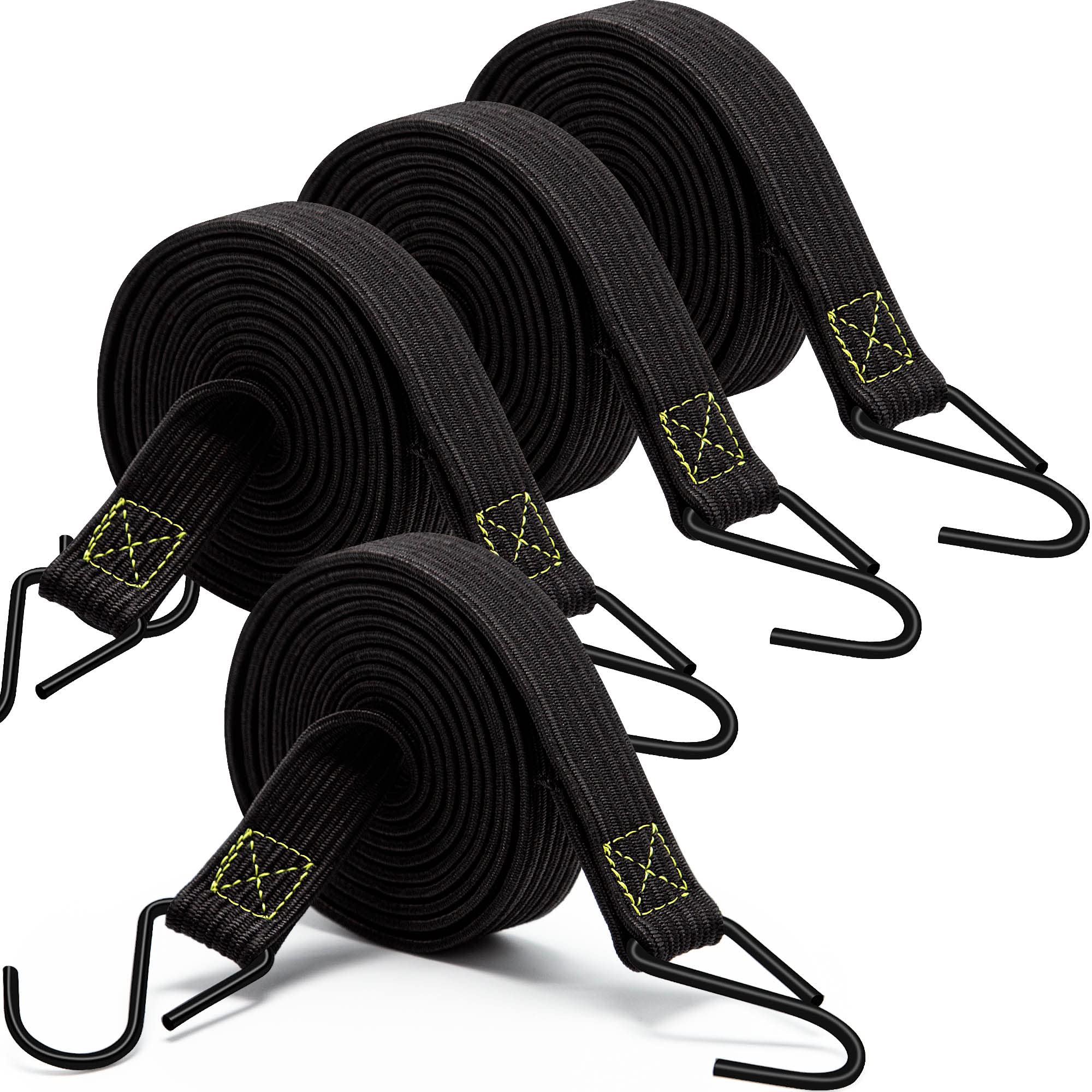 Bungee Cords with Hooks Heavy Duty, 4 Pack Long Flat Bungee Cords 200 cm, Rubber Black Bungee Straps with Metal Buckle Hooks for Outdoor, Camping, Tarps, Bike Rack, Tent, Car, Truck