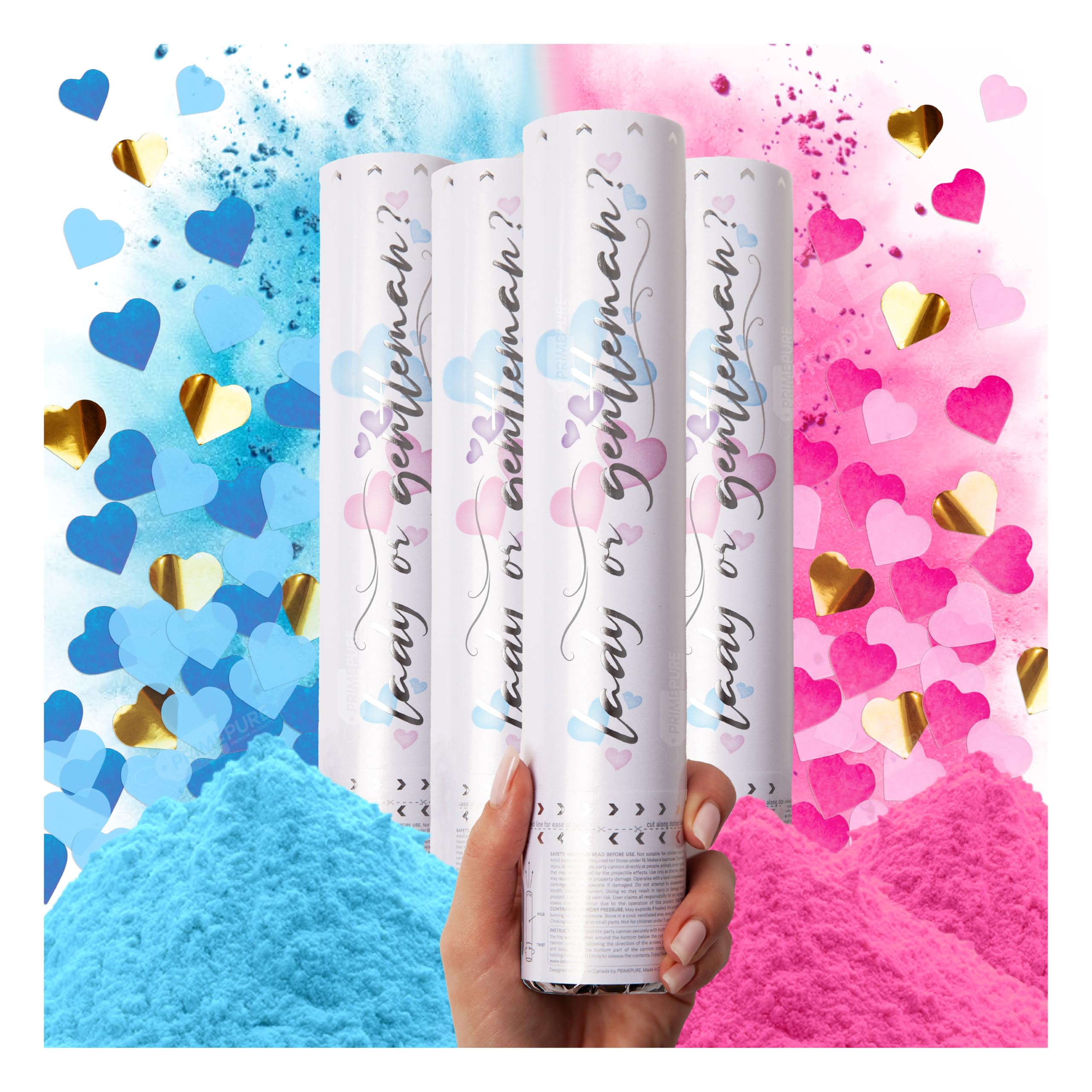 PrimePure Gender Reveal Confetti Cannon - Biodegradable Powder & Heart Shaped Confetti Party Poppers - 2 Pink & 2 Blue, Set of 4 - Gender Reveal Smoke Bombs Pop for Baby Girl or Boy Baby Shower