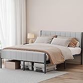 VASAGLE Queen Bed Frame with Upholstered Headboard, Metal Bed Frame Queen Size with Footboard, 1100 lb Weight Capacity, Steel Slats, Easy Assembly, No Box Spring Needed, Dove Gray URMB981G01V1