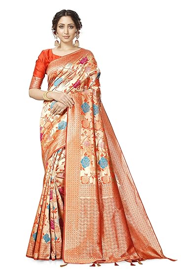 Divaastha Orange Lichi Silk Floral Print Saree with Blouse Piece (APP008ORANGE)