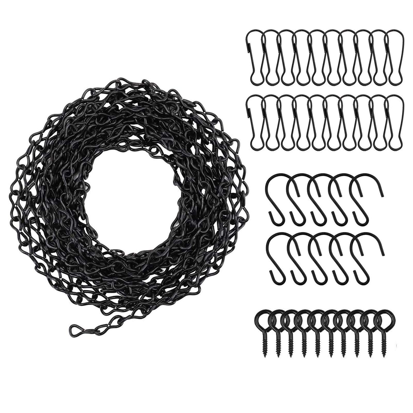 Lechansen Black Picture Hanging Chain with 10 Hooks, 20 Clips & 5 Screw Eye Hooks for Bird Feeders, Planters, Decorative Ornaments - DIY Length