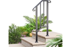 ANTSKU 2 Step Handrails for Outdoor Steps, Wrought Iron Stair Railing Fits 1 or 2 Steps, Metal Hand Rail with Installation Kit, Staircase Handrails for Concrete, Porch, Deck, Exterior Steps, Black
