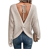 Verdusa Women's Open Back Sweater Waffle Pullover Knit Tops Twist Tie Cropped Sweaters Dailywear