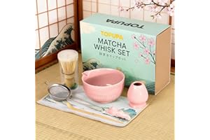 TOPUPA 7PCs Pink Matcha Whisk Set Traditional Japanese Matcha Kit with Whisk and Bowl Matcha Making Accessories Bamboo Chasen Tea Spoon Holder Sifter Tea Towel Ceremony Macha Tea Set for Beginners