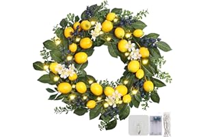 DIOTY 21 Inch Spring Summer Lemon Wreath with Light,Lemon Decor Artificial Wreath with Faux Lemon Blueberry&Leaves for Front Door Kitchen Indoor Outdoor Decor