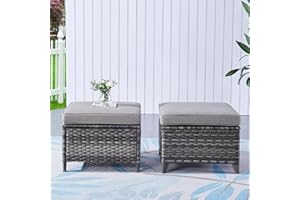 HUMMUH Outdoor Ottomans for Patio Set of 2 PE Wicker Steel Frame Outdoor Footstool for Patio, Backyard, Additional Seating, Side Tables with Removable Weather-Resistant Cushions