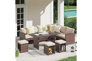JOIVI 7 Piece Patio Furniture Set, Patio Dining Sofa Set, Outdoor Sectional Sofa Conversation Set All Weather Wicker Rattan Couch Dining Chair & Table with Ottoman, Brown Rattan Beige Cushion
