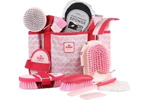 Furrishine 11PCS Horse Grooming Kit Curry Comb Sweat Scraper Horse Bathing Supplies Grooming Tools with Storage Bag Pink Garnet