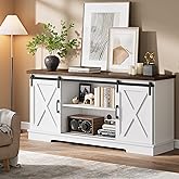 IDEALHOUSE Farmhouse Tv Stand for 65 inch TVs, Entertainment Center with Sliding Barn Doors and Adjustable Shelf, Modern Storage Media TV Console TV Stand Table for Living Room, Bedroom, White & Brwon