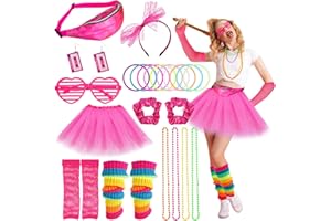 Fuguan 26Pcs 80s Costume Accessories Set for Women Neon Leg Warmer Tutu Skirt Lace Headband Bracelet Earrings for 80s Party