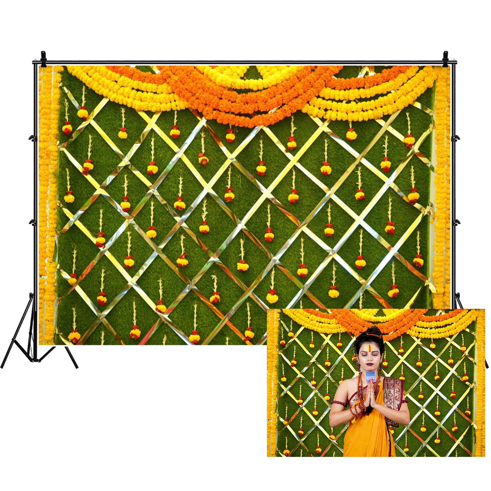 Photo 1 of Renaiss 7x5ft Indian Traditional Backdrop Macrame Marigold Garland Marriage Diwali Festival Photography Background for Wedding Bridal Shower Anniversary Party Decor Photo Props