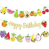 Fruit Theme Birthday Banners Tutti Frutti Party Gold Happy Birthday Banners Summer Fruit Hanging Decoration for Watermelon Strawberry Theme Birthday Party Supplies