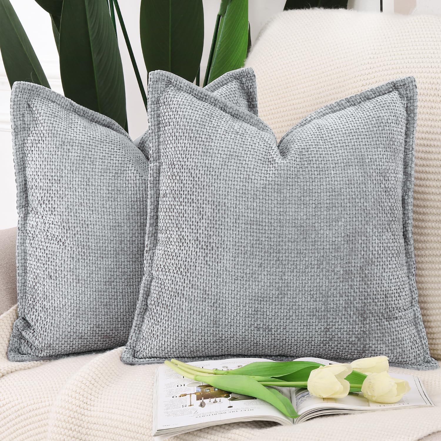 Madizz Set of 2 Chenille Velvet Cushion Covers with Flange Soft Boho Textured Throw Pillow Covers Broadside Pillowcases Modern Farmhouse Home Decor for Sofa Bedroom Grey 20x20 inch, 50x50 cm