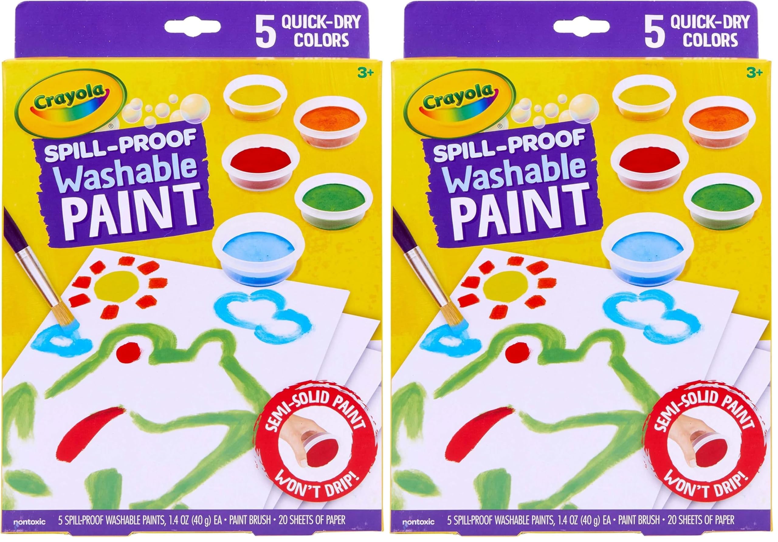 Crayola Spill Proof Paint Set - Toddler Stocking Stuffer, Washable Paint for Kids, Includes Paint Brush & Paper, No Drip, Less Mess Arts & Crafts, Ages 3+ (Pack of 2)