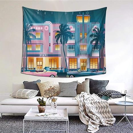 Amazon Co Jp Gukisala タペストリー アールデコスタイルの手作りのデッサンイラストオーシャンドライブの夜アメリカのマイアミのすべての建物 多機能 毛布 おしゃれな壁掛け インテリア ファブリック装飾用品 モダンなアート 和風 壁掛け クールジャパン 家飾り
