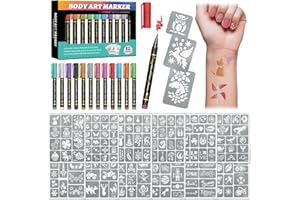 ATYDKUG Temporary Tattoo Markers for Skin, 12 Metal Body Markers + 169 Large Tattoo Stencils for Kids Adults, Flexible Brush Tip, Bright Colors, Cosmetic-Grade Tattoo Ink, DIY Body Art Painting for Women Men