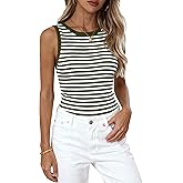PRETTYGARDEN Summer High Neck Striped Tank Tops for Women Casual Sleeveless Sweaters Basic Ribbed Knit Slim Fitted Shirts