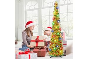PINKSWAN 5FT Gold Christmas Tree Pop Up Tree, Artificial Pencil Christmas Tree with Lights, Tinsel Coastal Collapsible Xmas Tree Skinny Christmas Tree for Home Apartment Office Store Classroom Holiday Decor