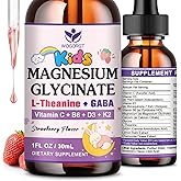 Magnesium Glycinate Drops for Kids - Relaxation & Cognition Support - 200mg Liquid Magnesium Glycinate Supplement with L-Theanine, GABA, B6, D3, K2 - Sugar Free, Strawberry Flavor - 1 Fl Oz (2 Pack)
