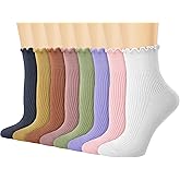 Ludaro Ruffle Socks for Woman Girls, 8 Pairs Soft Casual Knit Ankle Boot Quarter Gifts, Womens Cotton Lettuce Edge Crew Socks