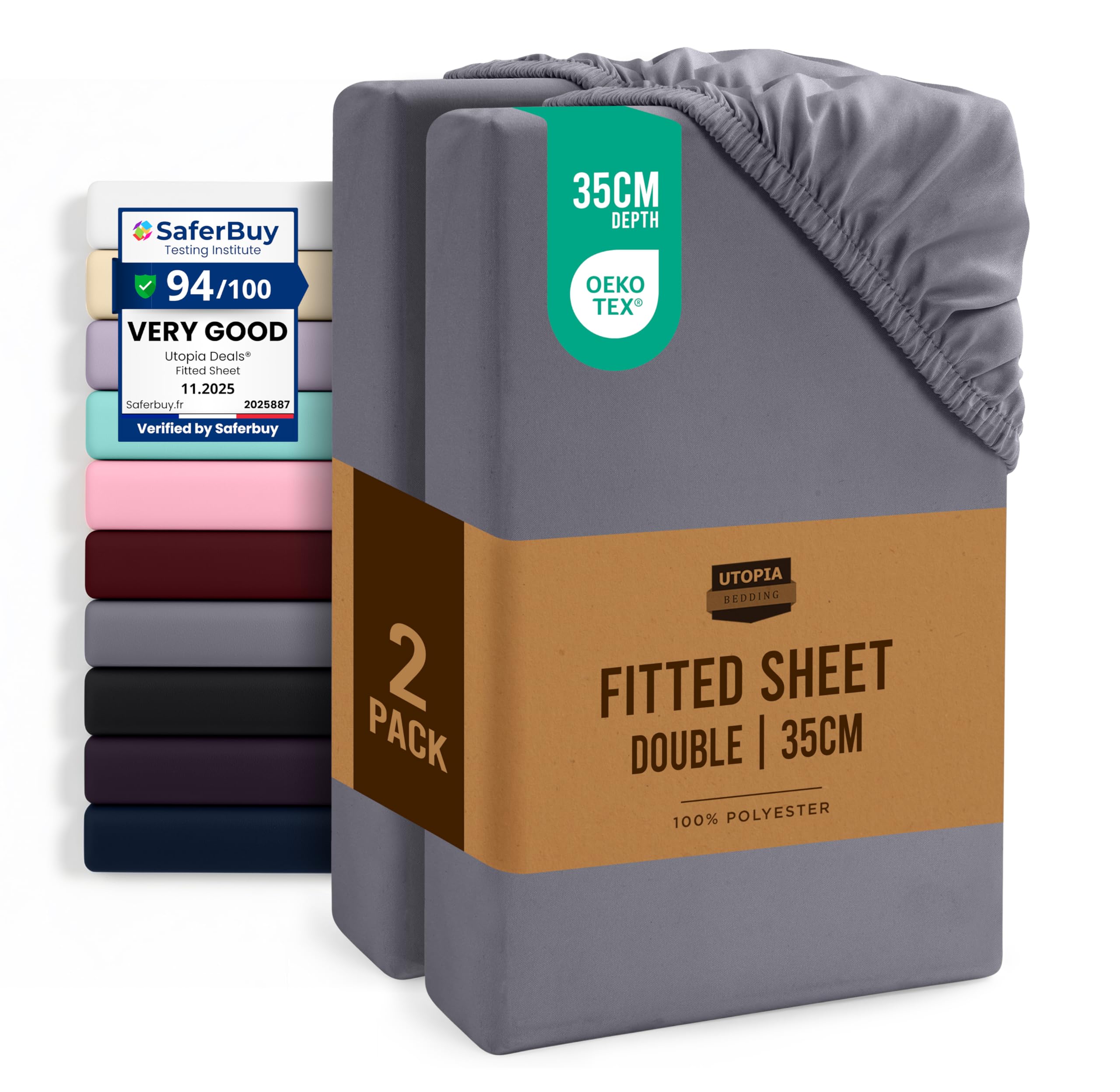 Utopia Bedding Fitted Sheet Double (2 Pack), Grey - Deep Pocket 14 inch (35 cm) - Oeko Tex Certified - Easy Care - Soft Brushed Microfibre Fabric - Shrinkage and Fade Resistant - Bottom Sheet
