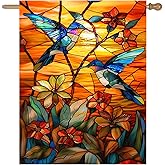 Stained Glass Hummingbird Garden Flag Spring Summer House Flag Fall Floral Decorative Yard Flags for Outside 28x40 Double Sided Large Seasonal Lawn Flags Rustic Outdoor Decor