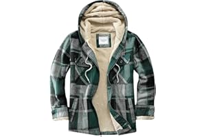 Veusna Men's Zip Up Flannel Shirt Jacket Fleece Lined Long Sleeve Plaid Coat Heavyweight Hoodie with Hood